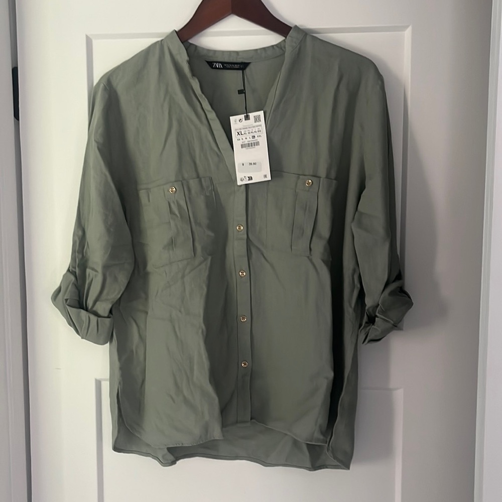 Zara linen blend v neck roll sleeve green shirt size XL NWT